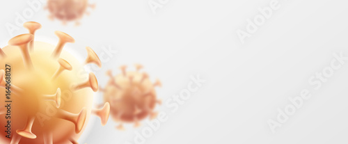 Realistic 3D coronavirus cell illustration with blurred background for medical, pandemic, and health-related designs.