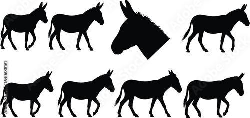 Black Silhouettes of Donkeys, Eight Poses, Walking, Standing, Donkey Head Icon, PNG, Vector, Line Art, Minimalist, Isolated