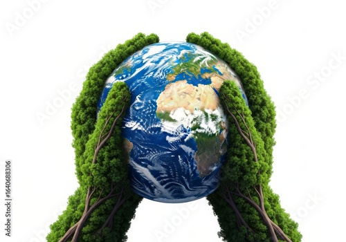 Two tree-like hands gently cradle a vibrant blue and green Earth globe against a clean white background, symbolizing environmental care and protection.