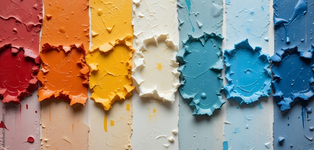 Fototapeta premium Close up of textured paint swatches in warm and cool tones arranged side by side creating vibrant