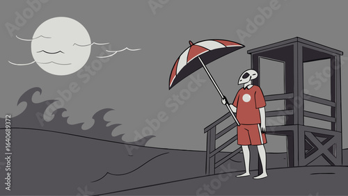Alien lifeguard stands under a striped umbrella near a beach tower with a large moon and waves in the background
