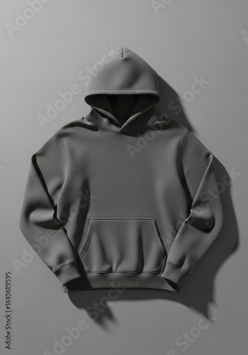 A charcoal gray hoodie, flatly laid, showcasing its design details and texture.