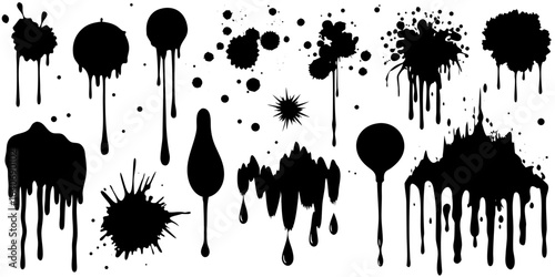 Black ink splatter and drip elements collection