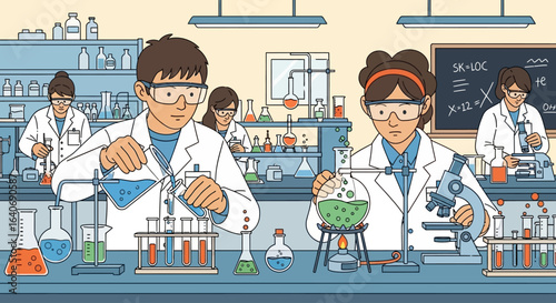 Students in lab coats conduct chemistry experiments, pouring and observing liquids with equipment.