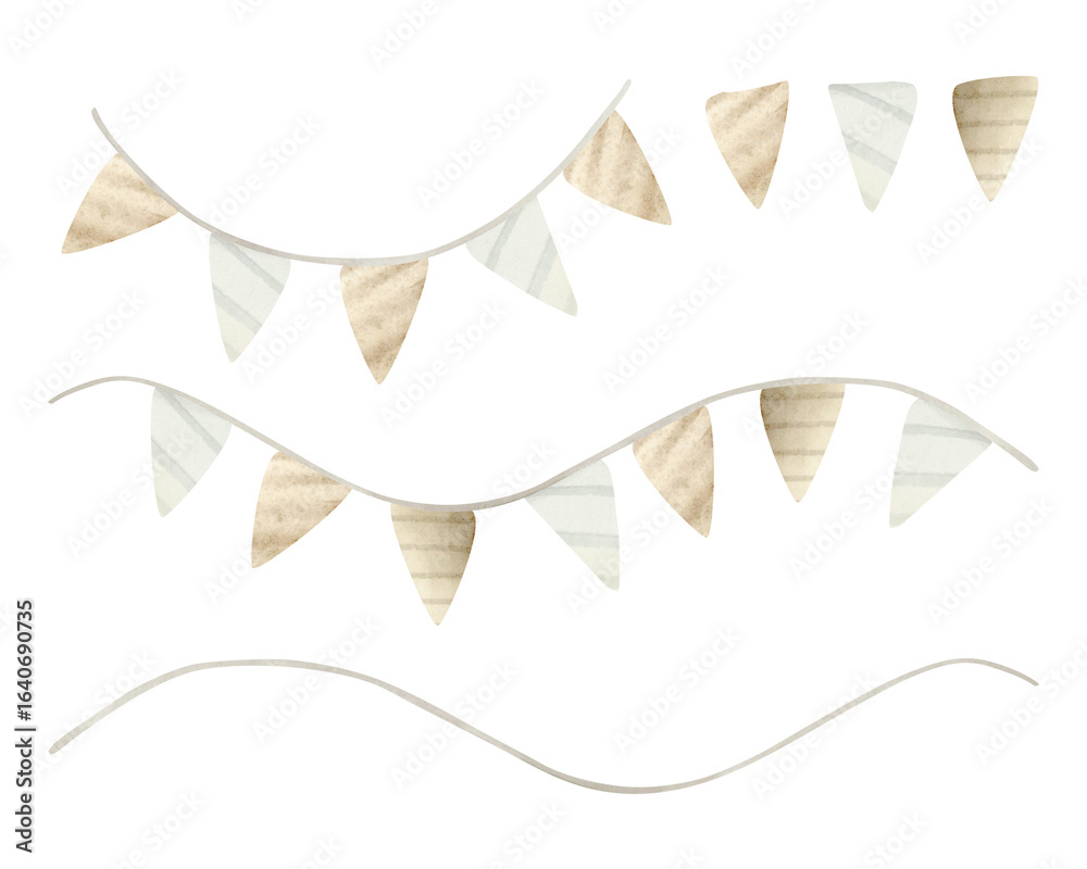 Obraz premium Watercolor flags garland illustration set isolated on white. Simple retro birthday ornament kit in pastel beige colors for kids birthday and unisex baby apparel