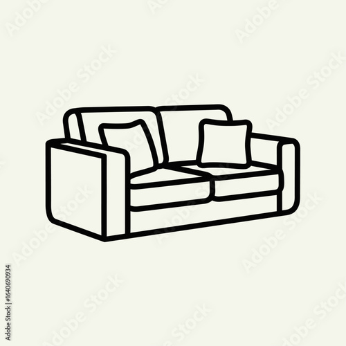 A minimalist line drawing of a two-seater sofa with two cushions, presented against a plain background.
