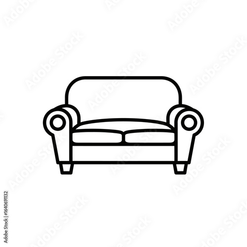 Simple line drawing of a classic two-seater sofa, showing cushions and armrests.