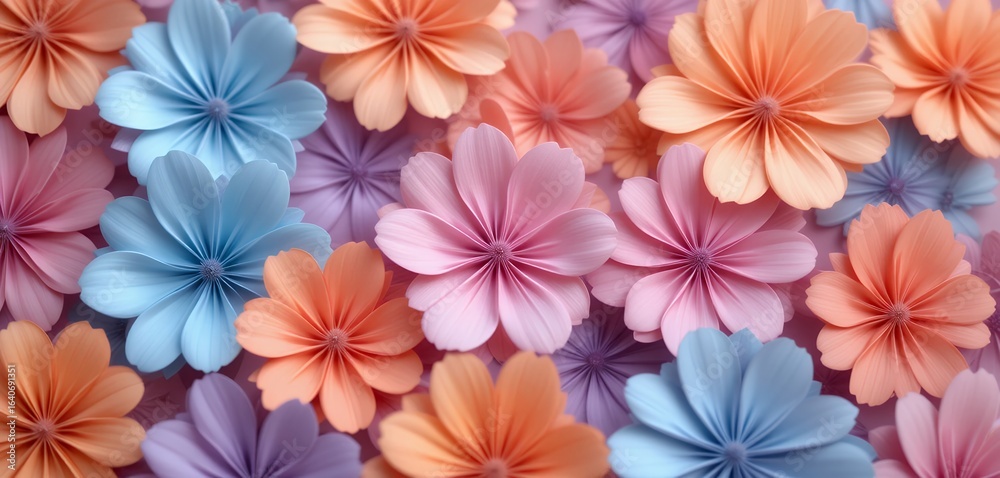Fototapeta premium Vibrant pastel colored paper flowers artfully layered creating a seamless floral pattern background