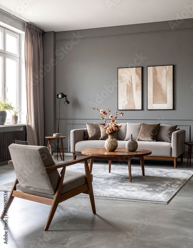Modern living room with grey walls, light grey sofa, wooden armchair, coffee table, and abstract art