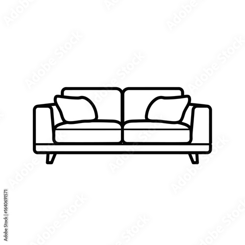 Simple black and white line drawing of a modern two-seater sofa with cushions.