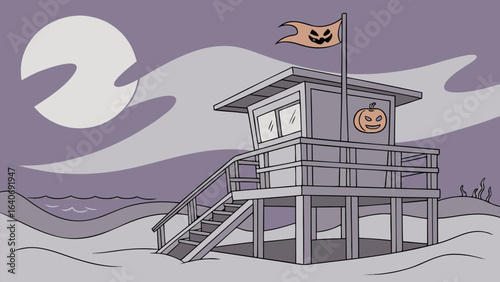 Spooky halloween beach scene with a lifeguard tower featuring a jack o lantern and a ghost flag under a large full moon