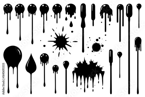 Collection of black ink drips, drops, and splatters in vector .eps format