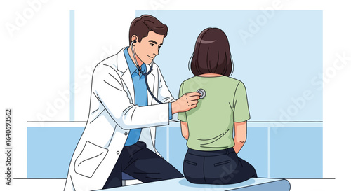 A doctor in a white coat examines a female patient's back with a stethoscope in a clinic setting.