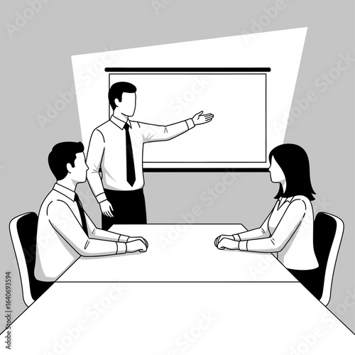 Business presentation: a man leads a meeting, presenting to two colleagues around a conference table.