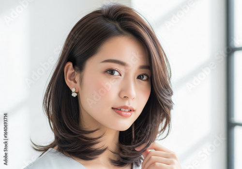 毛先が軽やかなレイヤーの入ったミディアムヘアの女性
