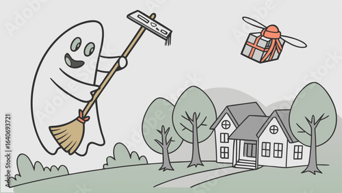 Friendly cartoon ghost sweeps the neighborhood with a broom while a drone delivers a gift box above suburban houses and trees
