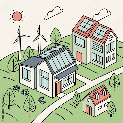 Solar Village Vector – Futuristic Clean Energy Community