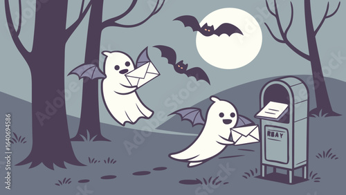 Cute cartoon ghosts with bat wings deliver letters to a mailbox under a full moon with flying bats in a spooky forest scene