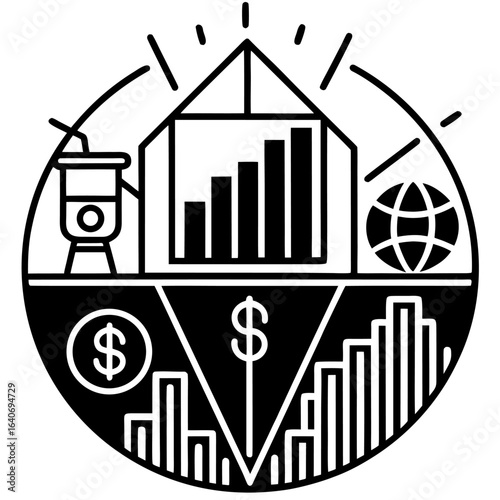 Innovative vector emblem showcasing comprehensive business growth, financial strategy, and global market expansion for success.