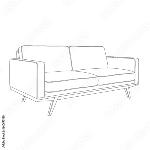 Line drawing of a modern two-seater sofa with cushions and angled legs, isolated on a white background.