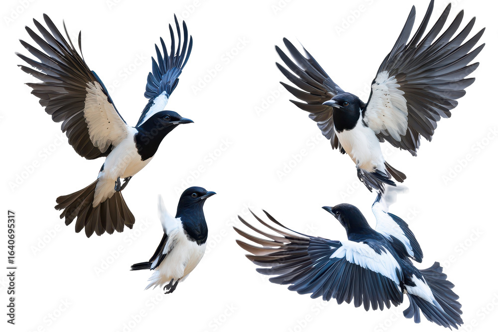 Fototapeta premium Colorful airbirds in mid-flight display showcasing their vibrant plumage against a transparent background