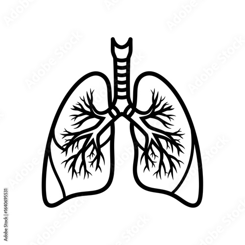 A simplified black and white illustration of human lungs, showing the trachea and branching airways.