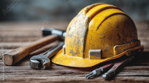 A worn yellow hard hat rests on a wooden surface surrounded by various hand tools close up view