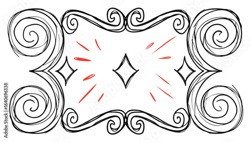 Decorative frame with swirls and diamonds and red lines emanating from the center diamond shape
