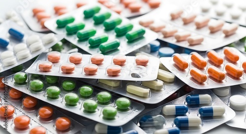 Tableau sur toile Variety of colorful pills and capsules in blister packs pharmaceutical products