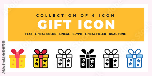 Collection of 6 Gift Icons. Flat. Lineal. Glyph. and Dual Tone Styles