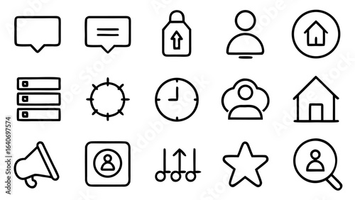 Collection of diverse minimalist vector line icons for modern web interfaces and mobile applications, ideal for digital design projects.