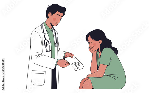 Doctor presenting medical report to concerned female patient in consultation.