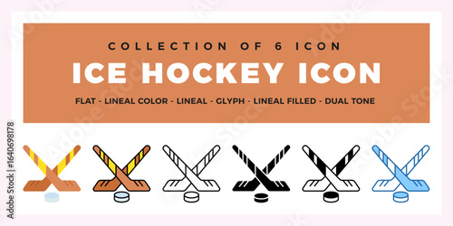 Ice Hockey Icon Set. 6 Flat Lineal Color & Glyph Styles