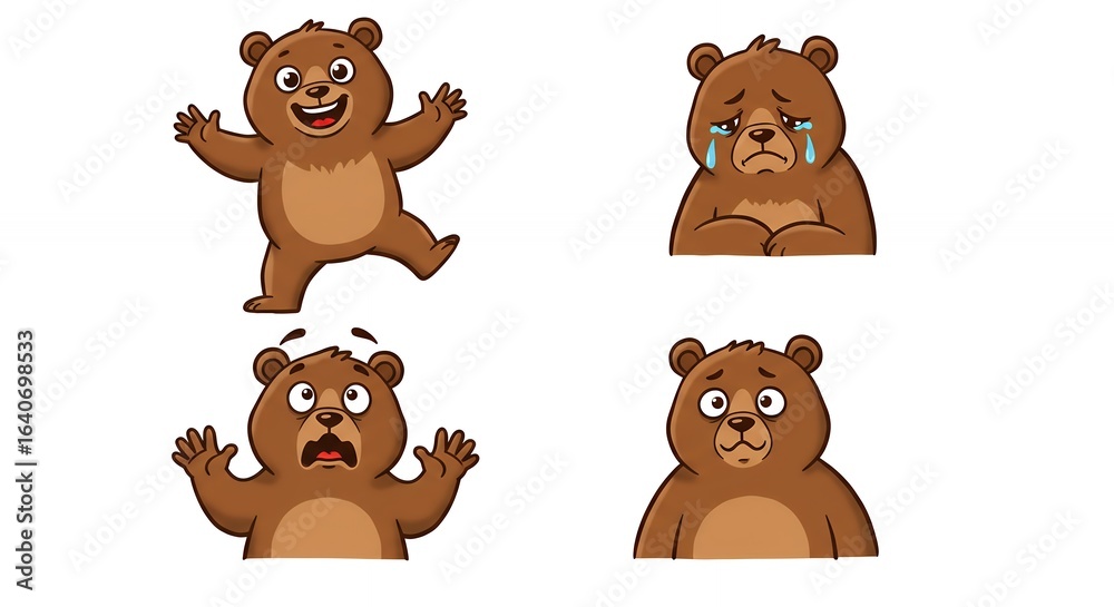 Obraz premium Cartoon brown bear illustrations with various emotions