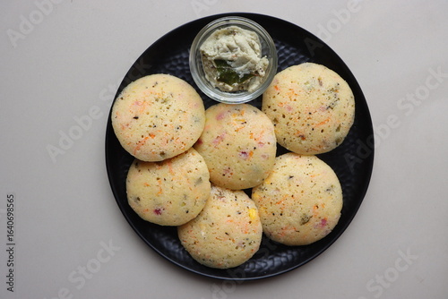 Rava Idli or semolina idli, Indian Breakfast Dish made with semolina, yogurt, spices, veggies,Traditional South Indian Breakfast, healthy vegetarian meal