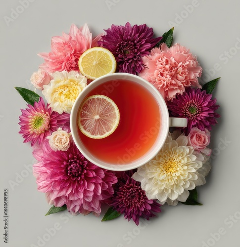 Floral tea cup, lemon slice, pastel flowers