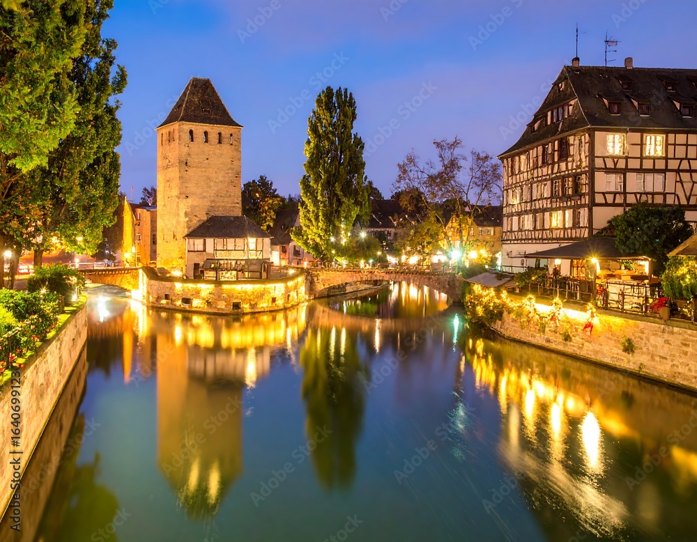 Obraz premium European canal town at night (1)