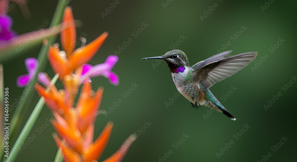 Fototapeta premium Hummingbird hovering over bright tropical flowers, macro close-up