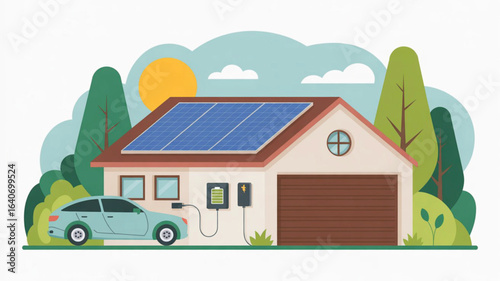 Solar-powered home with electric car charging, rooftop panels, clean energy

