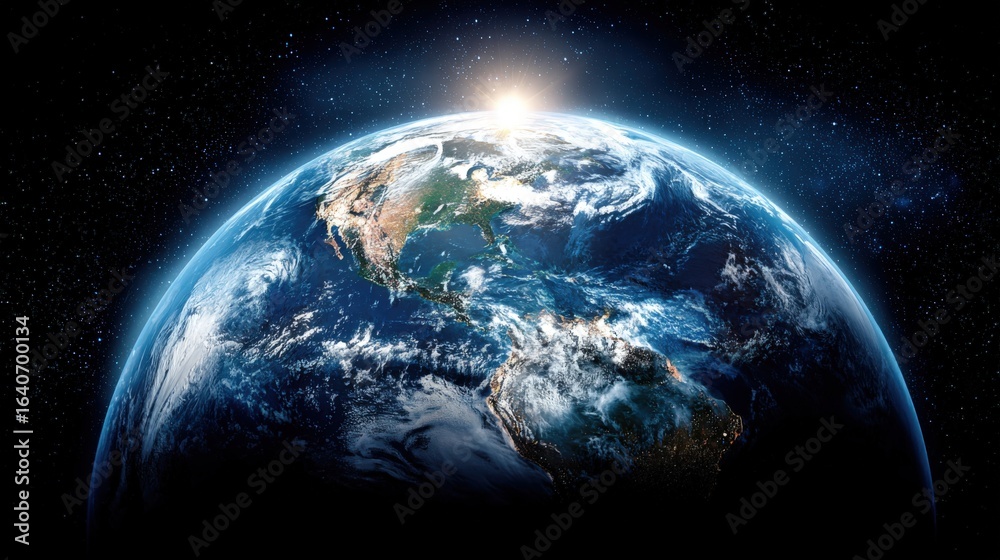 Fototapeta premium Earth from Space: Detailed View of Planet, Continents, Oceans, and Sunlight in Stunning Detail