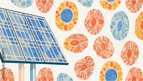 solar panels next to abstract cell structures on a light background design style art