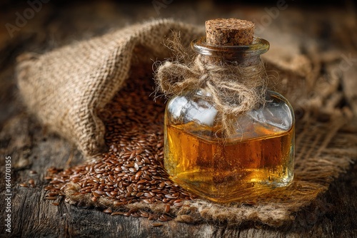 Flax seeds and oil on rustic wood