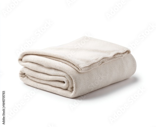 Folded beige blanket on white background