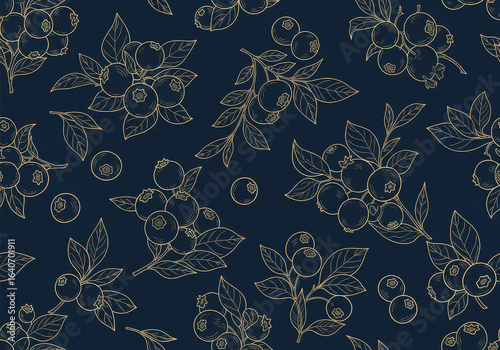 Seamless pattern of hand drawn blueberries and leaves on a dark blue background