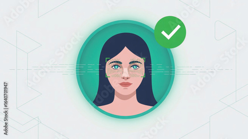 Face recognition verification with green check, biometric authentication, secure login, flat vector

