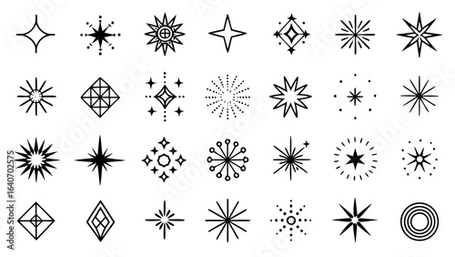 Minimalist vector icon collection of stars, sparkles, and twinkle symbols.