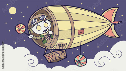 Whimsical snoo pilot enjoys a swirl lollipop while flying a steampunk airship through a starry night sky