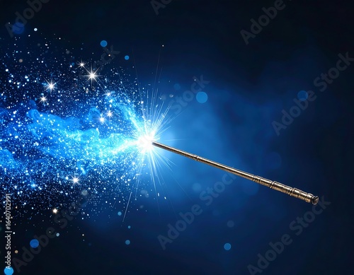 Glowing wand casts blue magical sparks against a dark background