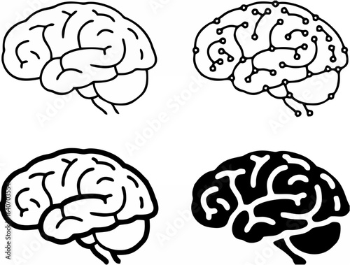 Brain Icon Set - Black Line A...