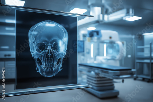 Radiology room with X-ray film of a human skull on display, hospital equipment in the background